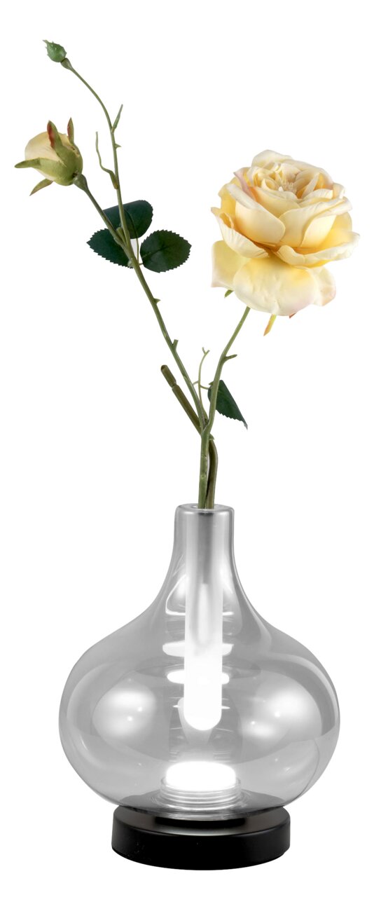 Fabas Luce LED-Glasvasenleuchte CRODO LED-Glasvasenleuchte mit gelber Rose, seitliche Perspektive
