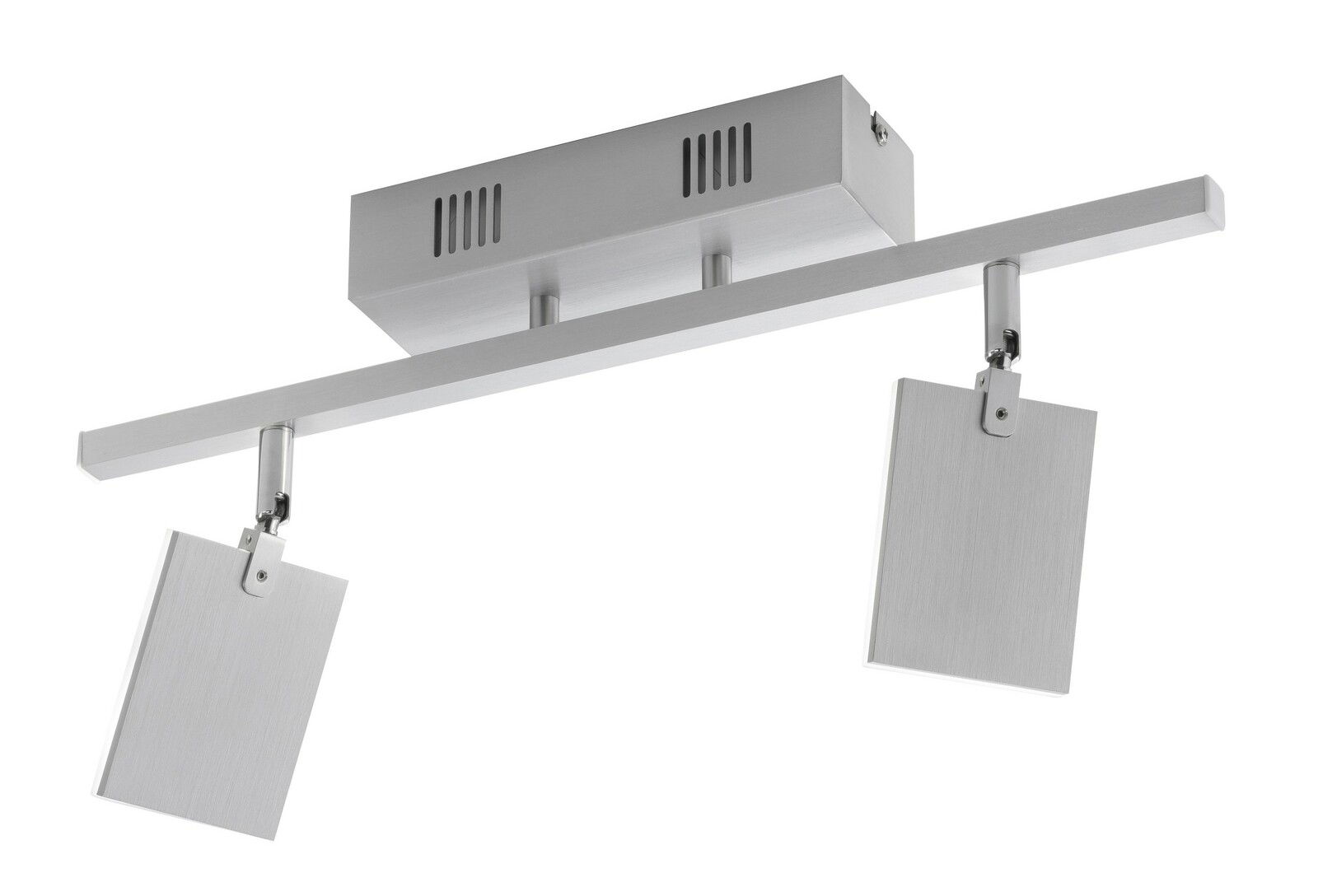 Moderne Deckenleuchte aus Aluminium mit zwei rechteckigen Leuchtelementen, seitliche Perspektive