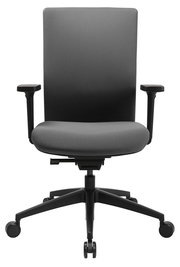 Moderner Bürostuhl in Frontalansicht mit verstellbaren Armlehnen und Rollen.