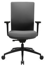 Moderner Bürostuhl in Frontalansicht mit verstellbaren Armlehnen und Rollen.