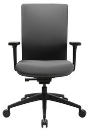 Moderner Bürostuhl in Frontalansicht mit verstellbaren Armlehnen und Rollen.