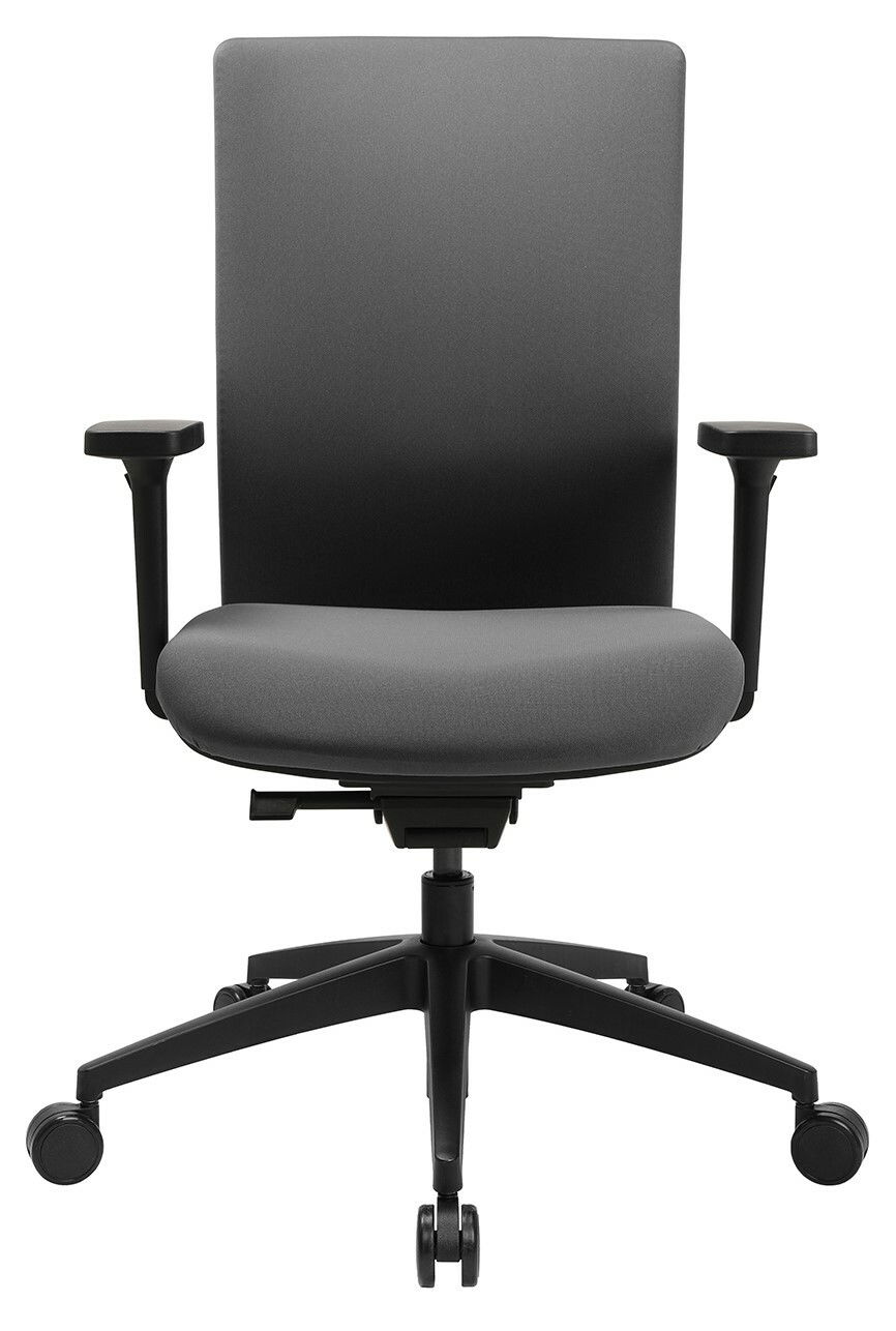 Moderner Bürostuhl in Frontalansicht mit verstellbaren Armlehnen und Rollen.