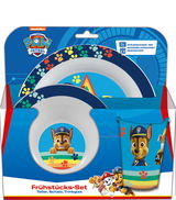 Paw Patrol Frühstücksset für Jungen, bestehend aus Teller, Schale und Trinkglas, mit bunten Pfotenabdrücken und Charakteren aus der Serie, Vorderansicht.