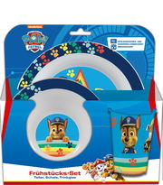 Paw Patrol Frühstücksset für Jungen, bestehend aus Teller, Schale und Trinkglas, mit bunten Pfotenabdrücken und Charakteren aus der Serie, Vorderansicht.