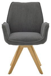 Grauer Armlehnstuhl mit Holzbeinen, Vorderansicht