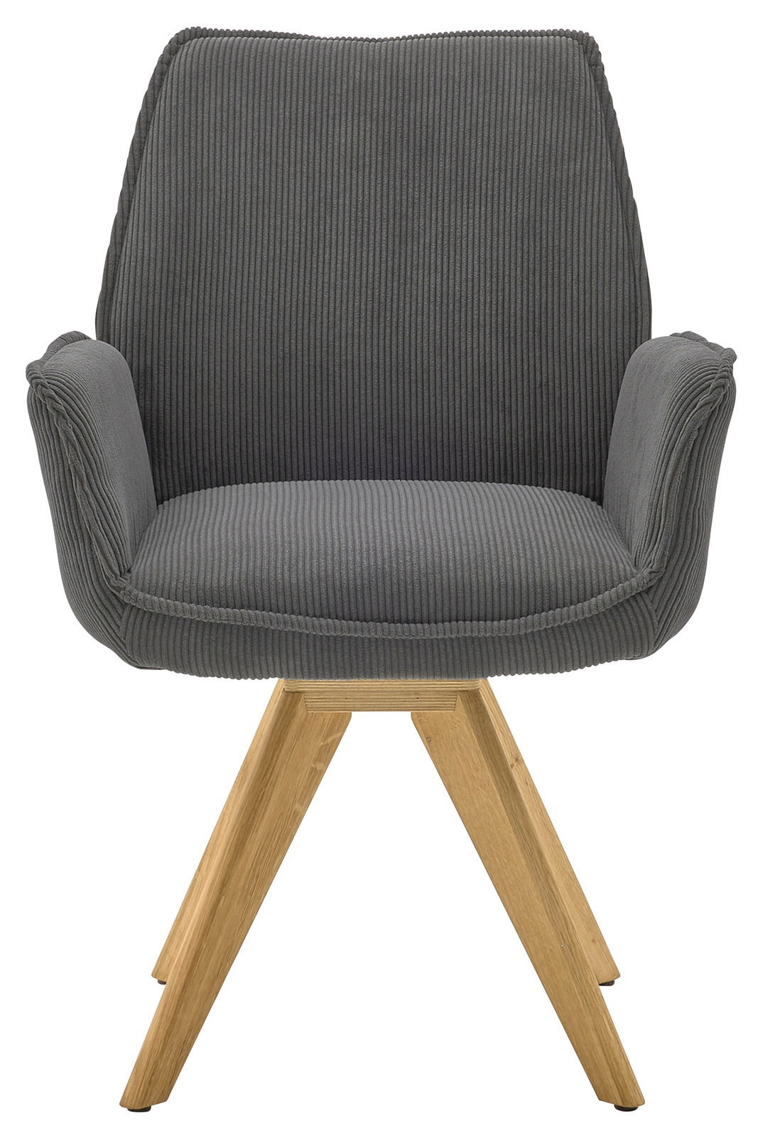 Grauer Armlehnstuhl mit Holzbeinen, Vorderansicht