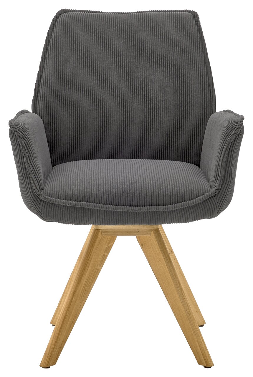 Grauer Armlehnstuhl mit Holzbeinen, Vorderansicht