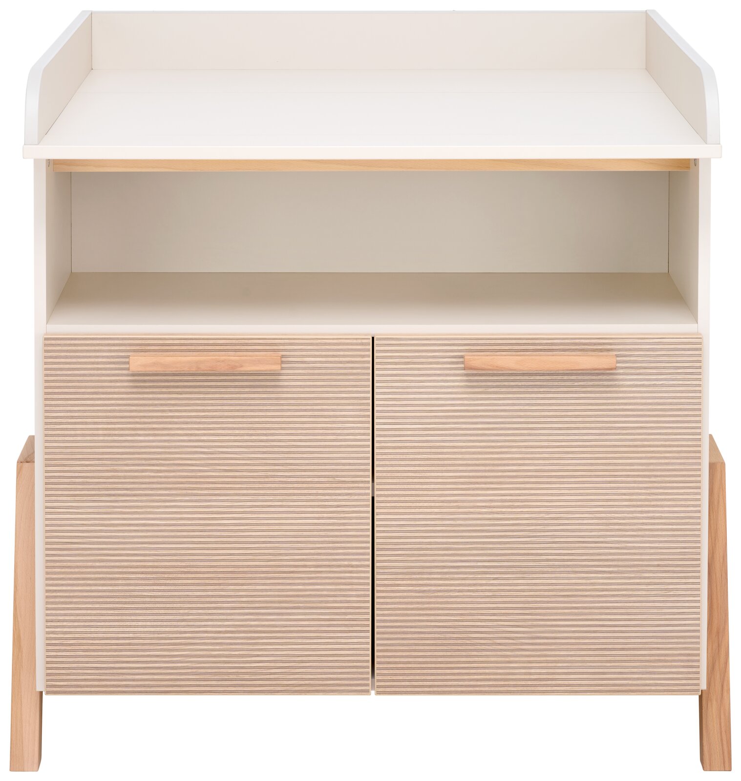 Wickelkommode aus Holz mit zwei Schubladen und einem offenen Fach, frontal betrachtet