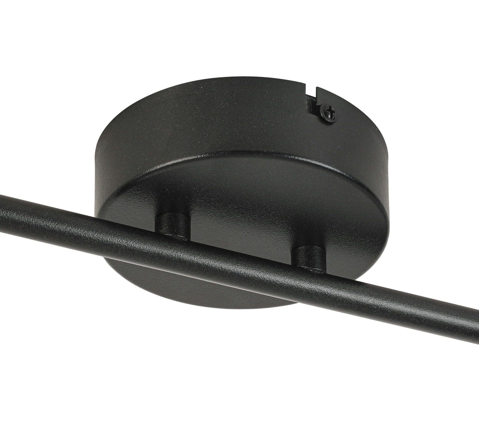 Nahaufnahme eines schwarzen LED-Strahlers von unten, zeigt die runde Basis und den Befestigungsstab.