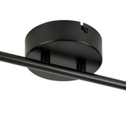 Close-up van een zwarte led-spot van onderaf, met de ronde voet en de bevestigingsstang.