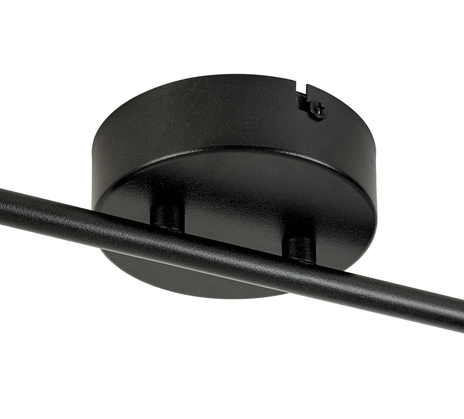 Close-up van een zwarte led-spot van onderaf, met de ronde voet en de bevestigingsstang.