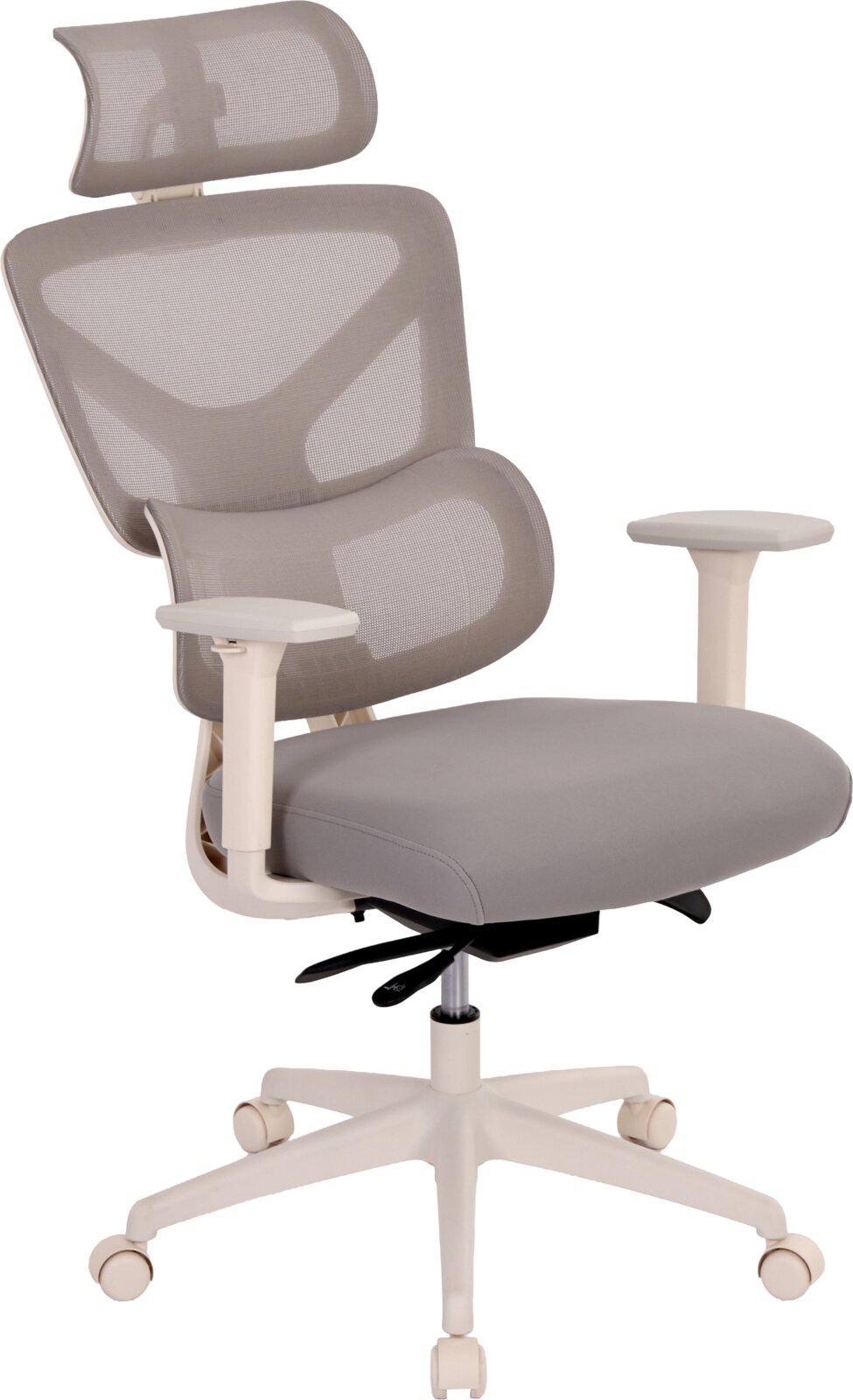 Ergonomischer Bürostuhl mit grauer Netzrückenlehne, Kopfstütze, Armlehnen und gepolsterter Sitzfläche auf weißem Drehkreuz mit Rollen, freigestellt in leichter Seitenansicht von vorn