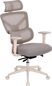 Ergonomischer Bürostuhl mit grauer Netzrückenlehne, Kopfstütze, Armlehnen und gepolsterter Sitzfläche auf weißem Drehkreuz mit Rollen, freigestellt in leichter Seitenansicht von vorn
