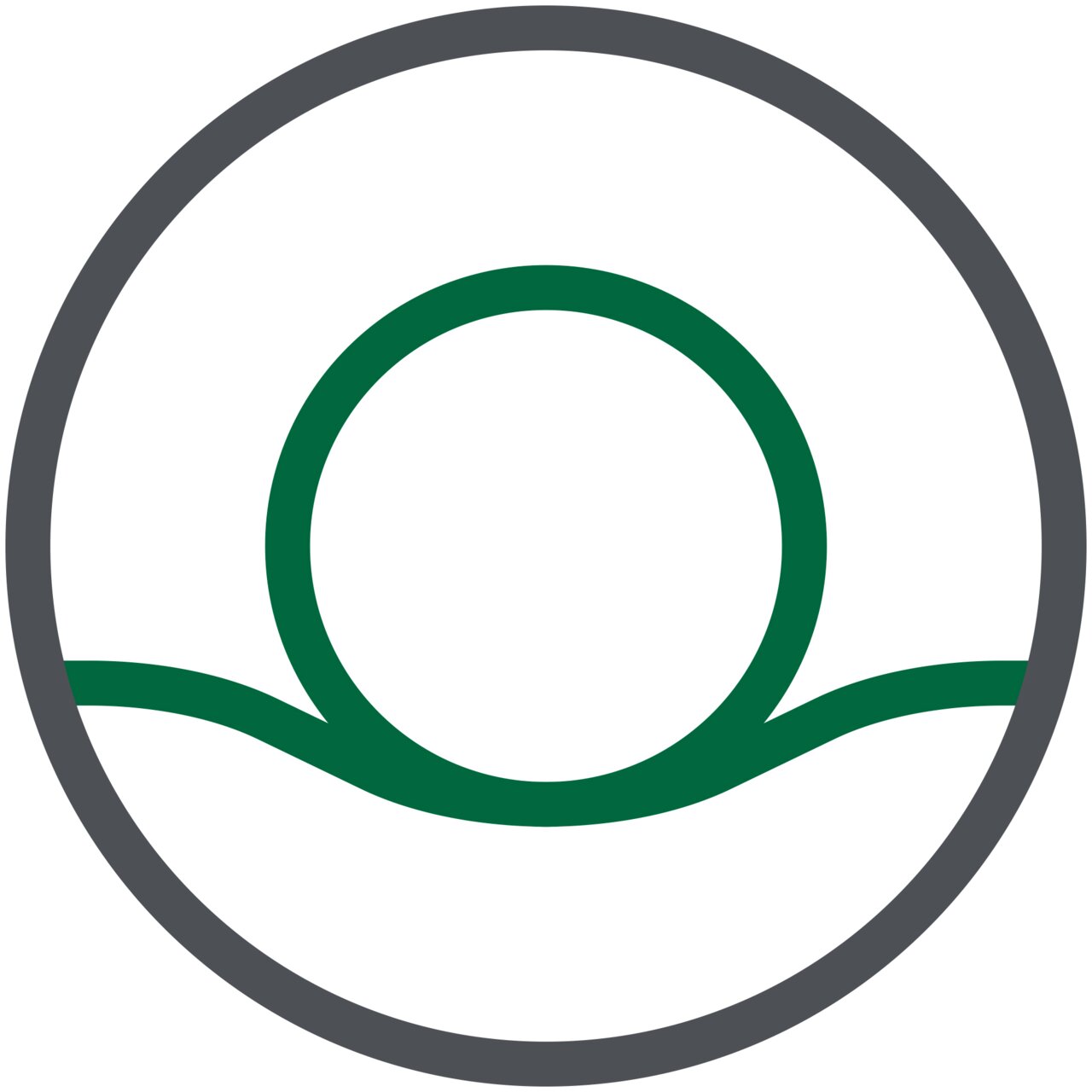 Grünes, stilisiertes Symbol eines Kreises mit geschwungenen Linien darunter, von vorne betrachtet.