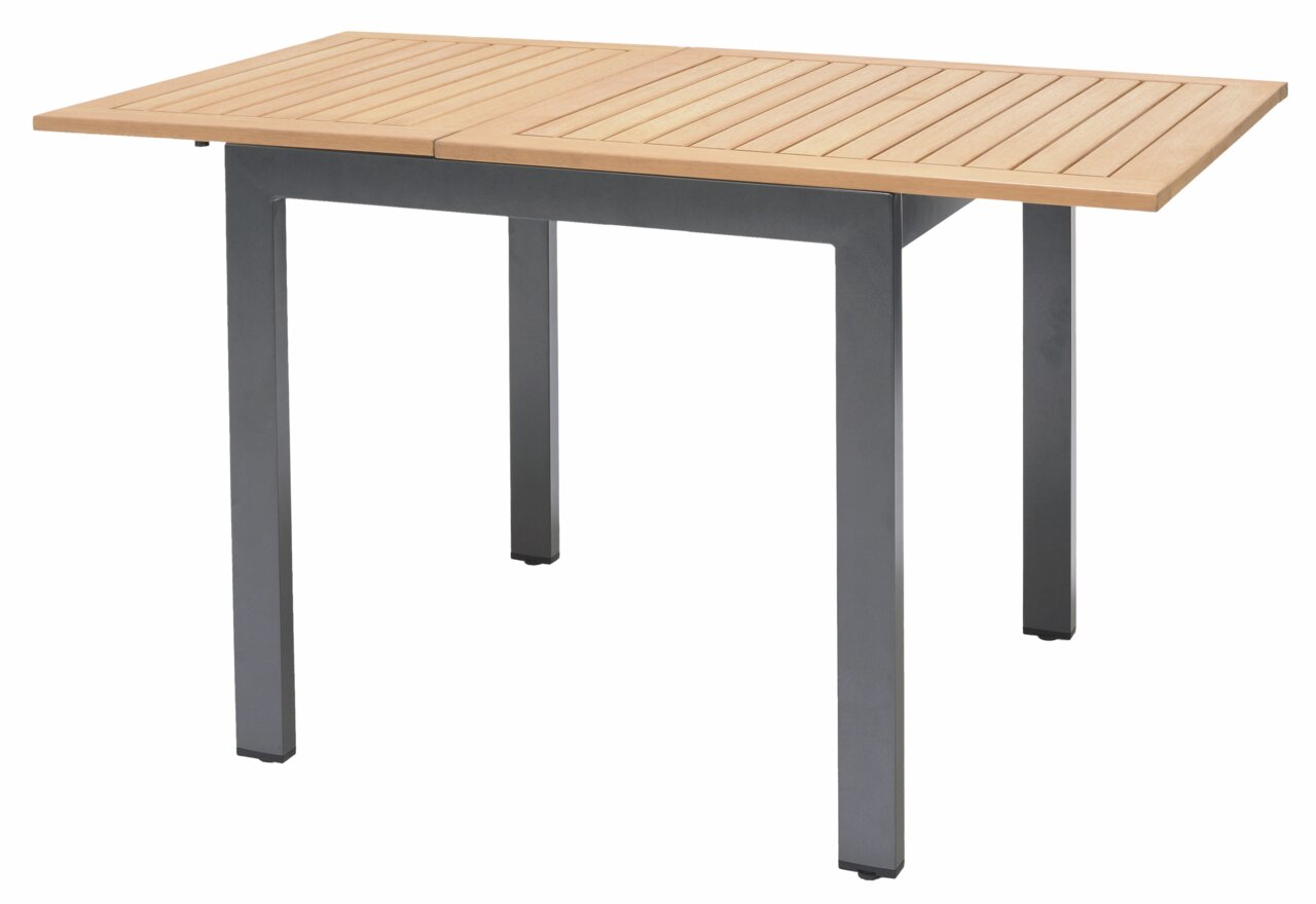 Moderner Gartentisch mit Holzplatte und Metallbeinen, seitliche Perspektive