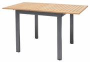 Moderner Gartentisch mit Holzplatte und Metallbeinen, seitliche Perspektive
