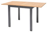 Moderner Gartentisch mit Holzplatte und Metallbeinen, seitliche Perspektive