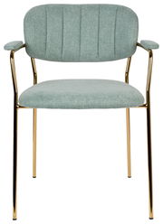 Armlehnstuhl mit grünem Stoffbezug und goldenen Metallbeinen, Frontalansicht