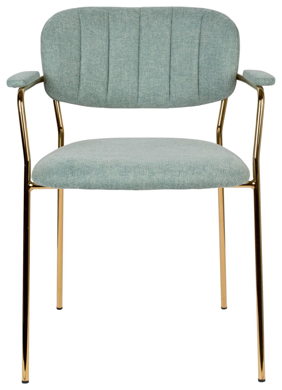 Armlehnstuhl mit grünem Stoffbezug und goldenen Metallbeinen, Frontalansicht