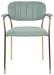 Armlehnstuhl mit grünem Stoffbezug und goldenen Metallbeinen, Frontalansicht