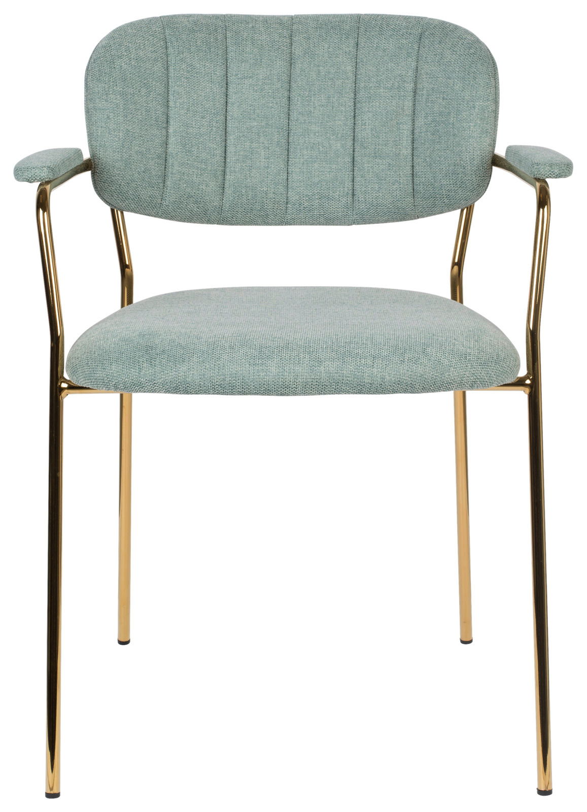 Armlehnstuhl mit grünem Stoffbezug und goldenen Metallbeinen, Frontalansicht