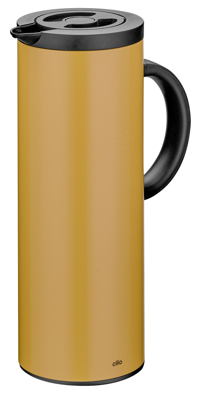 Gelbe Isolierkanne mit schwarzem Deckel und Griff, seitliche Perspektive