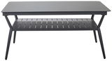 Moderner, rechteckiger Gartentisch aus Metall mit zusätzlicher Ablagefläche, seitliche Perspektive