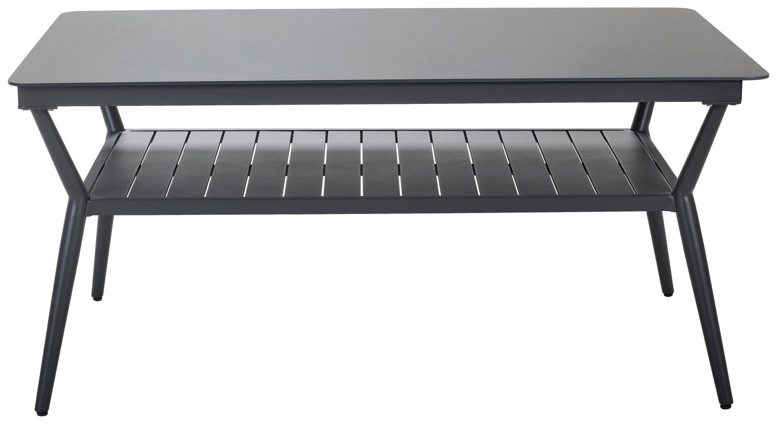 Moderner, rechteckiger Gartentisch aus Metall mit zusätzlicher Ablagefläche, seitliche Perspektive
