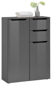 Graues Highboard mit zwei Türen und zwei Schubladen, dekoriert mit Handtüchern und einer Vase mit Pflanze, Frontalansicht