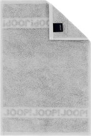 Hellgraues JOOP! Frottierhandtuch mit eingewebter Logo-Bordüre und schwarzem Markenlabel, frontal von oben fotografiert
