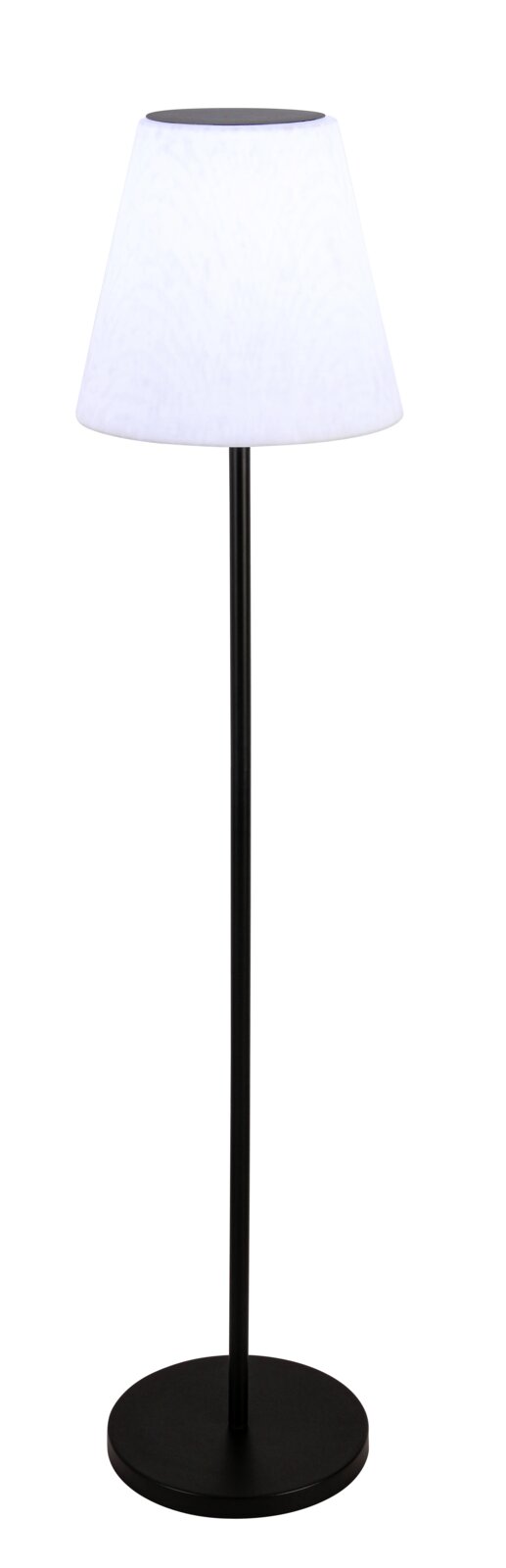 Stehleuchte mit schwarzem Standfuß und weißem Lampenschirm, frontal betrachtet