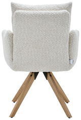 Rückansicht eines Armlehnstuhls mit cremefarbenem Stoffbezug und Holzbeinen.