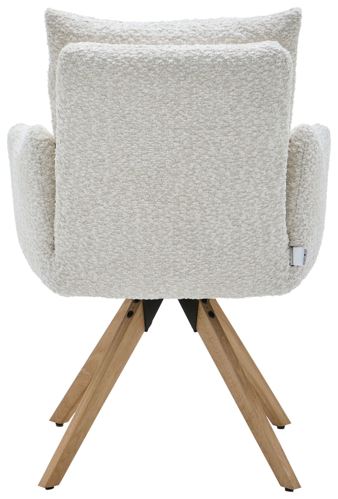 Rückansicht eines Armlehnstuhls mit cremefarbenem Stoffbezug und Holzbeinen.