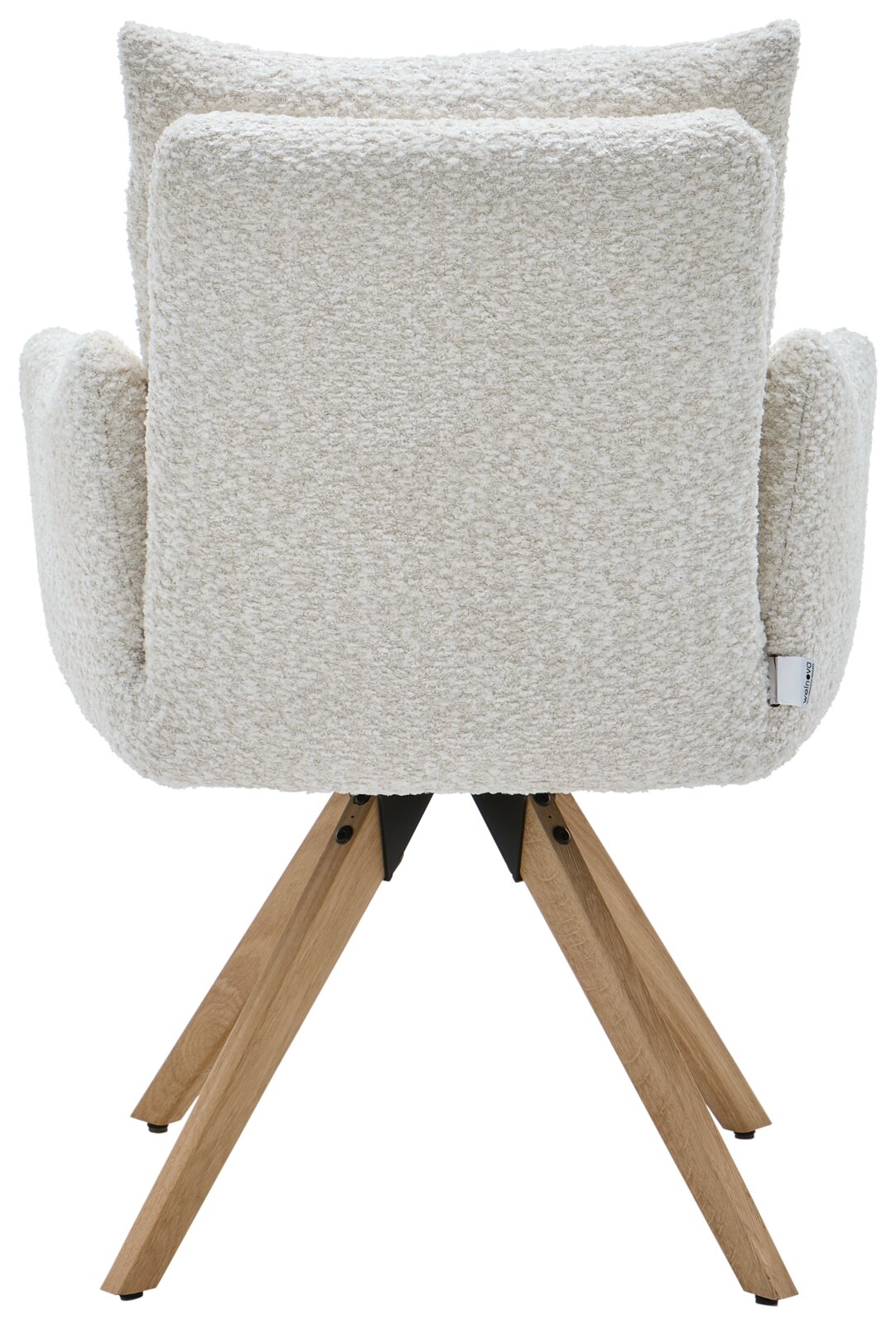 Rückansicht eines Armlehnstuhls mit cremefarbenem Stoffbezug und Holzbeinen.