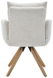 Rückansicht eines Armlehnstuhls mit cremefarbenem Stoffbezug und Holzbeinen.