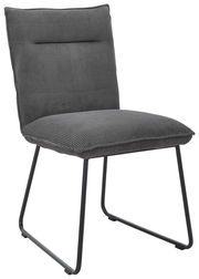 Grauer Stuhl mit gestreiftem Stoffbezug und Metallbeinen, seitliche Perspektive