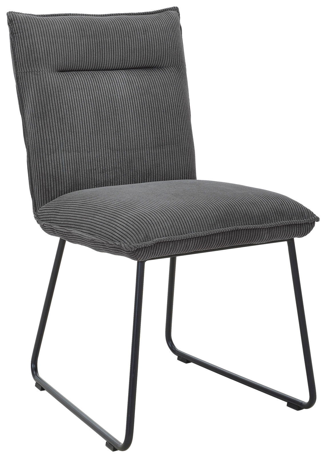 Grauer Stuhl mit gestreiftem Stoffbezug und Metallbeinen, seitliche Perspektive