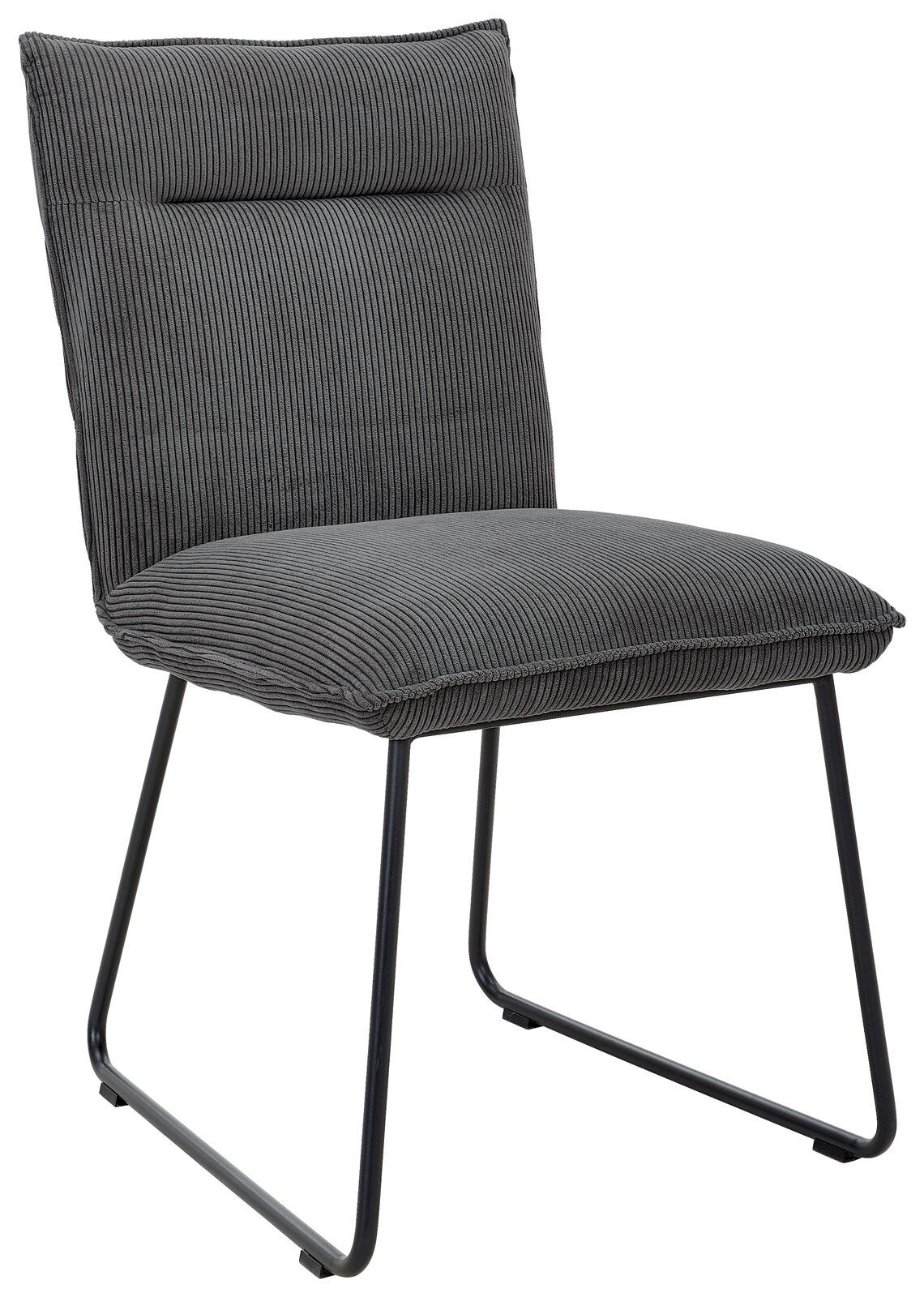 Johann Jakob Stuhl CALAS Grauer Stuhl mit gestreiftem Stoffbezug und Metallbeinen, seitliche Perspektive