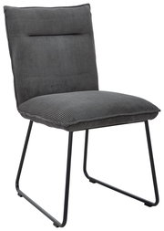 Grauer Stuhl mit gestreiftem Stoffbezug und Metallbeinen, seitliche Perspektive