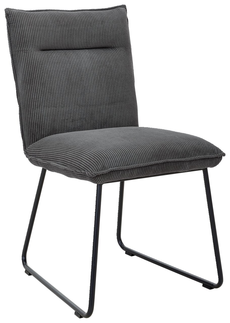 Johann Jakob Stuhl CALAS Grauer Stuhl mit gestreiftem Stoffbezug und Metallbeinen, seitliche Perspektive