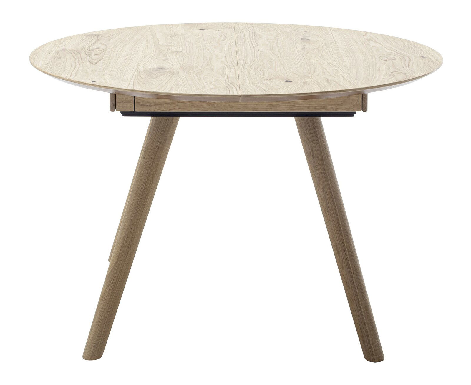 Runder Esstisch aus Holz mit drei Beinen, seitliche Perspektive