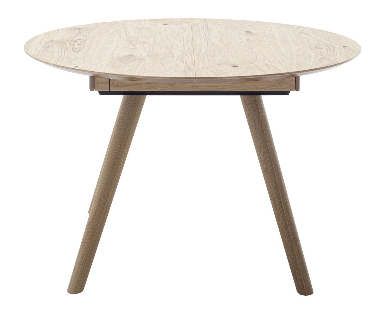 Runder Esstisch aus Holz mit drei Beinen, seitliche Perspektive