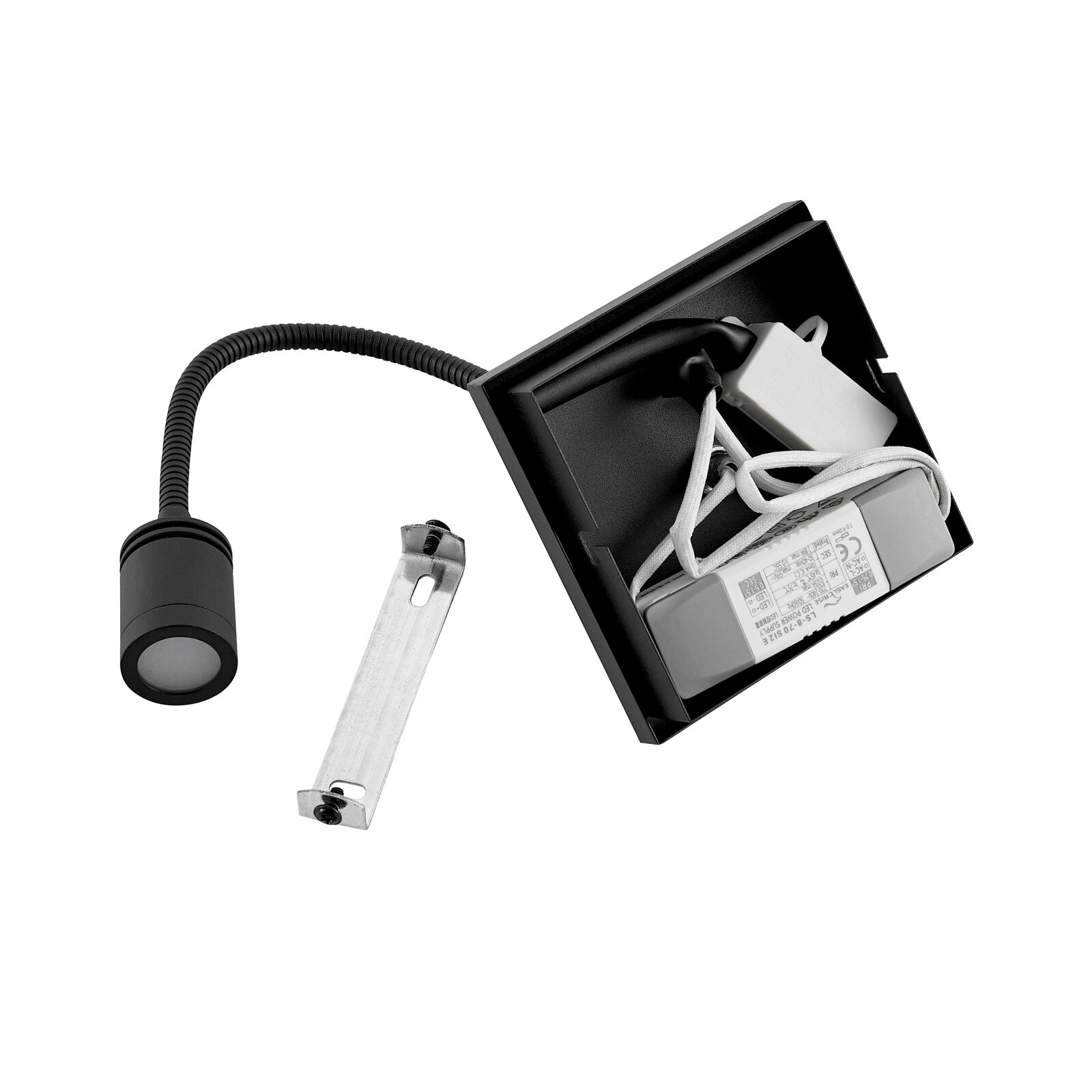 Schwarzer LED-Einbaustrahler mit flexiblem Kabel, Netzteil und Montagebügel, Rückansicht/Innenansicht des Gehäuses auf weißem Hintergrund