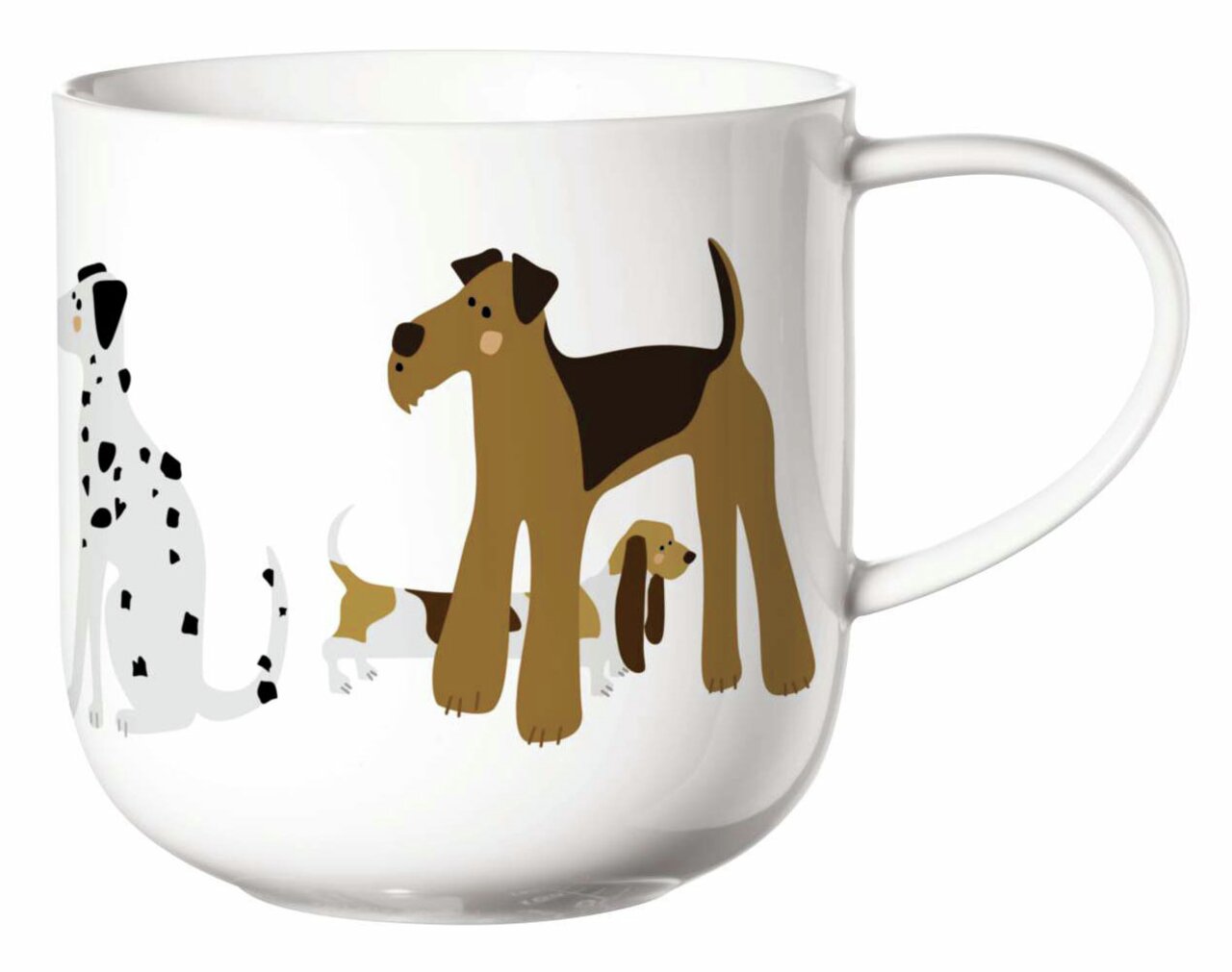 Henkelbecher mit Hundeillustrationen, seitliche Perspektive