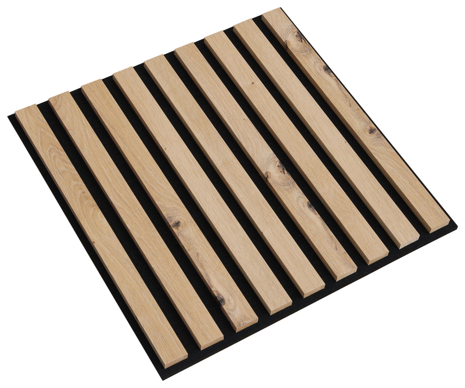 Dekoratives quadratisches Paneel aus Holz mit parallelen Streifen, aus der Vogelperspektive betrachtet.