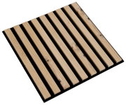 Dekoratives quadratisches Paneel aus Holz mit parallelen Streifen, aus der Vogelperspektive betrachtet.