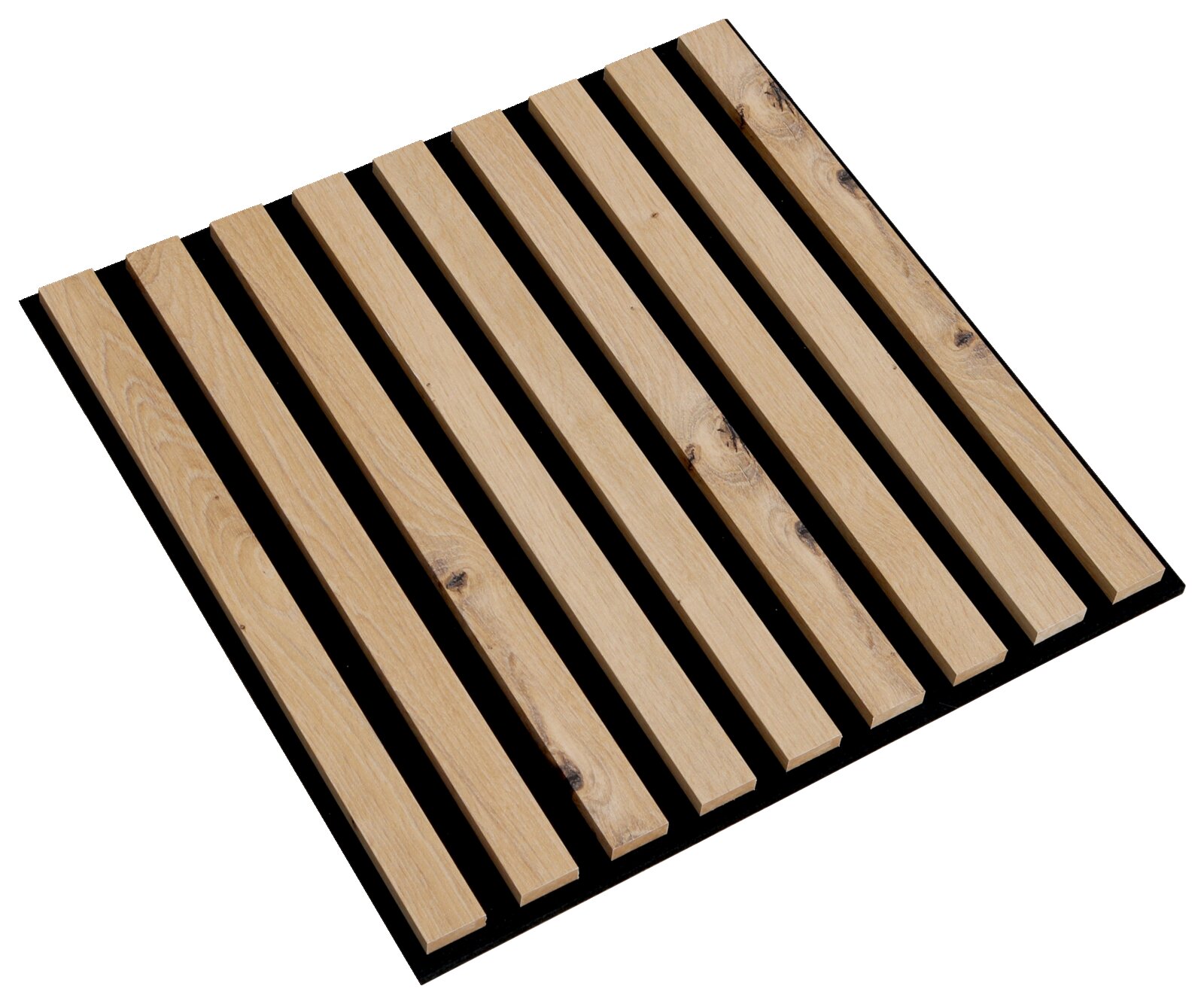 Dekoratives quadratisches Paneel aus Holz mit parallelen Streifen, aus der Vogelperspektive betrachtet.