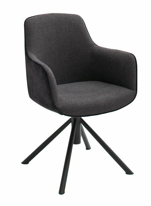 Moderner Sessel mit dunklem Stoffbezug und schwarzem Metallgestell, seitliche Perspektive