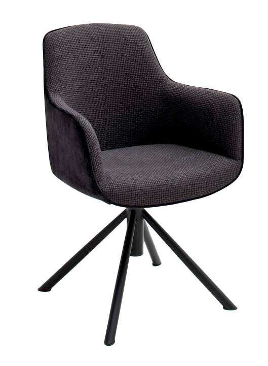 Moderner Sessel mit dunklem Stoffbezug und schwarzem Metallgestell, seitliche Perspektive