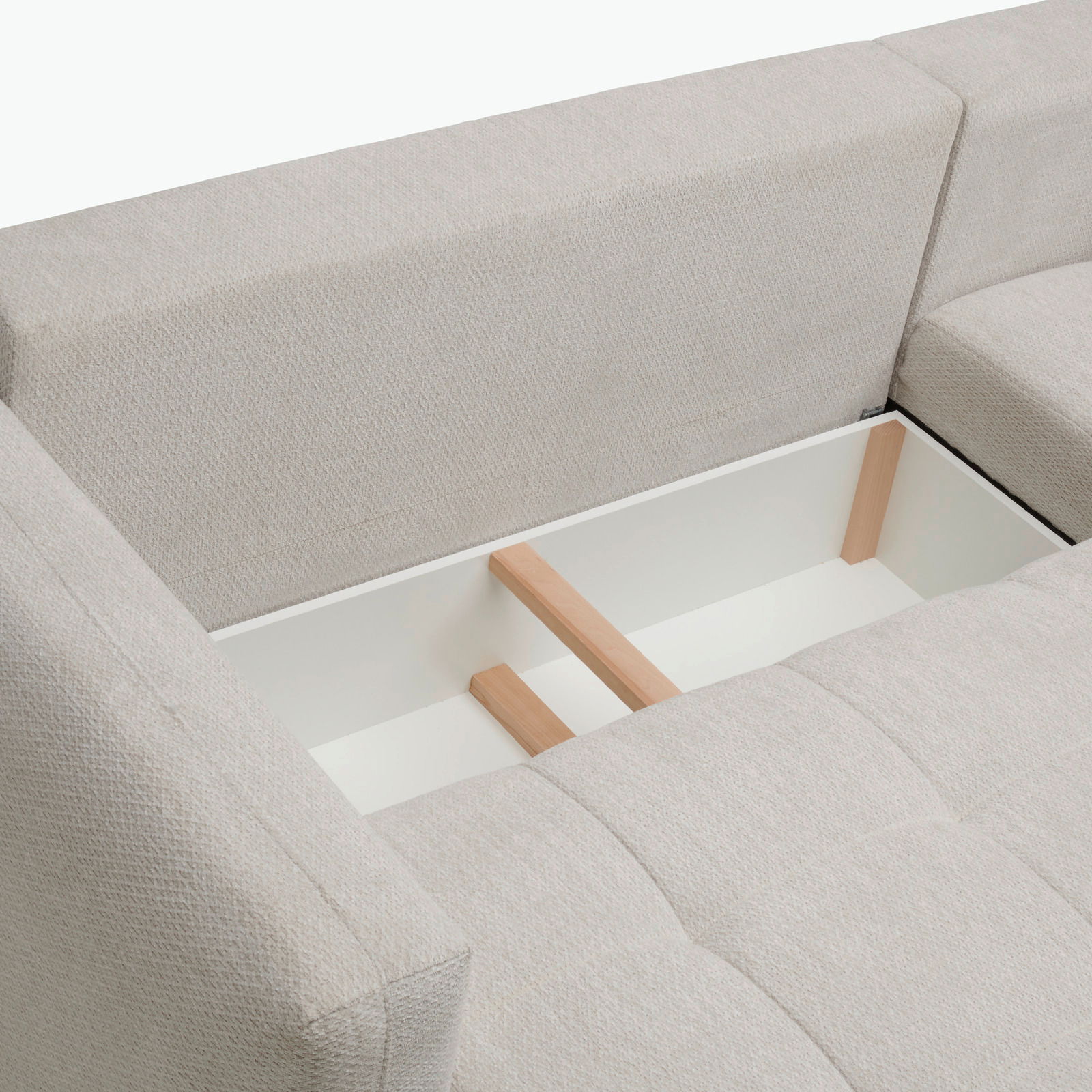Rundecke mit Stauraum, Ansicht von oben, beige Polsterung